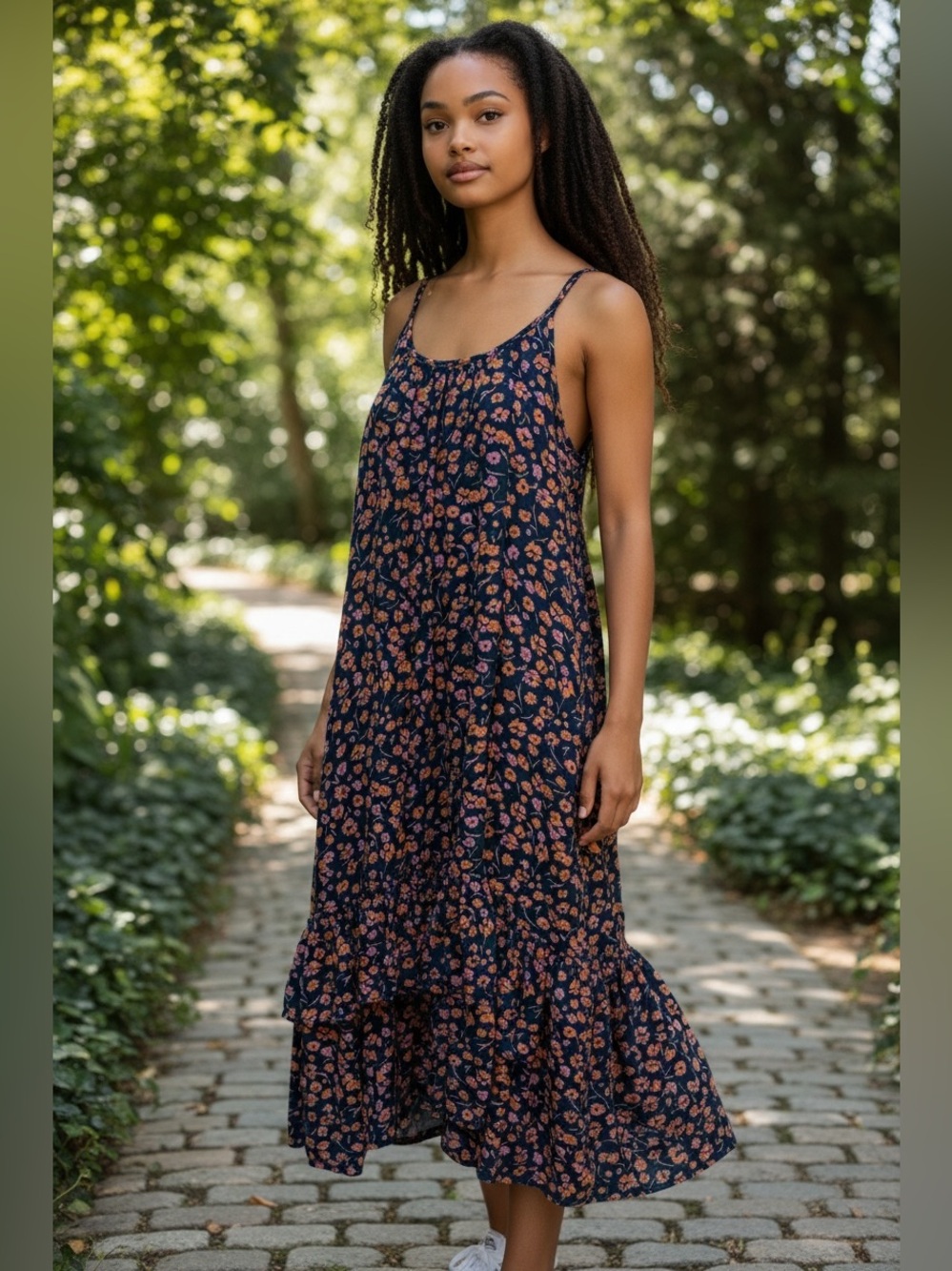 Universal thread Navy/coral  Floral Tiered Spaghetti-Strap Maxi Dress